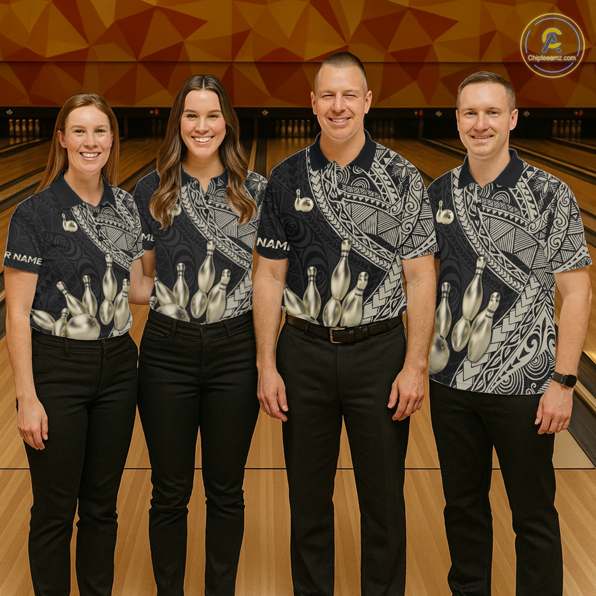 Black and Gold Tribal Pattern Bowling Jersey for Men Bowling Uniform Bowling Team Shirts HNT225