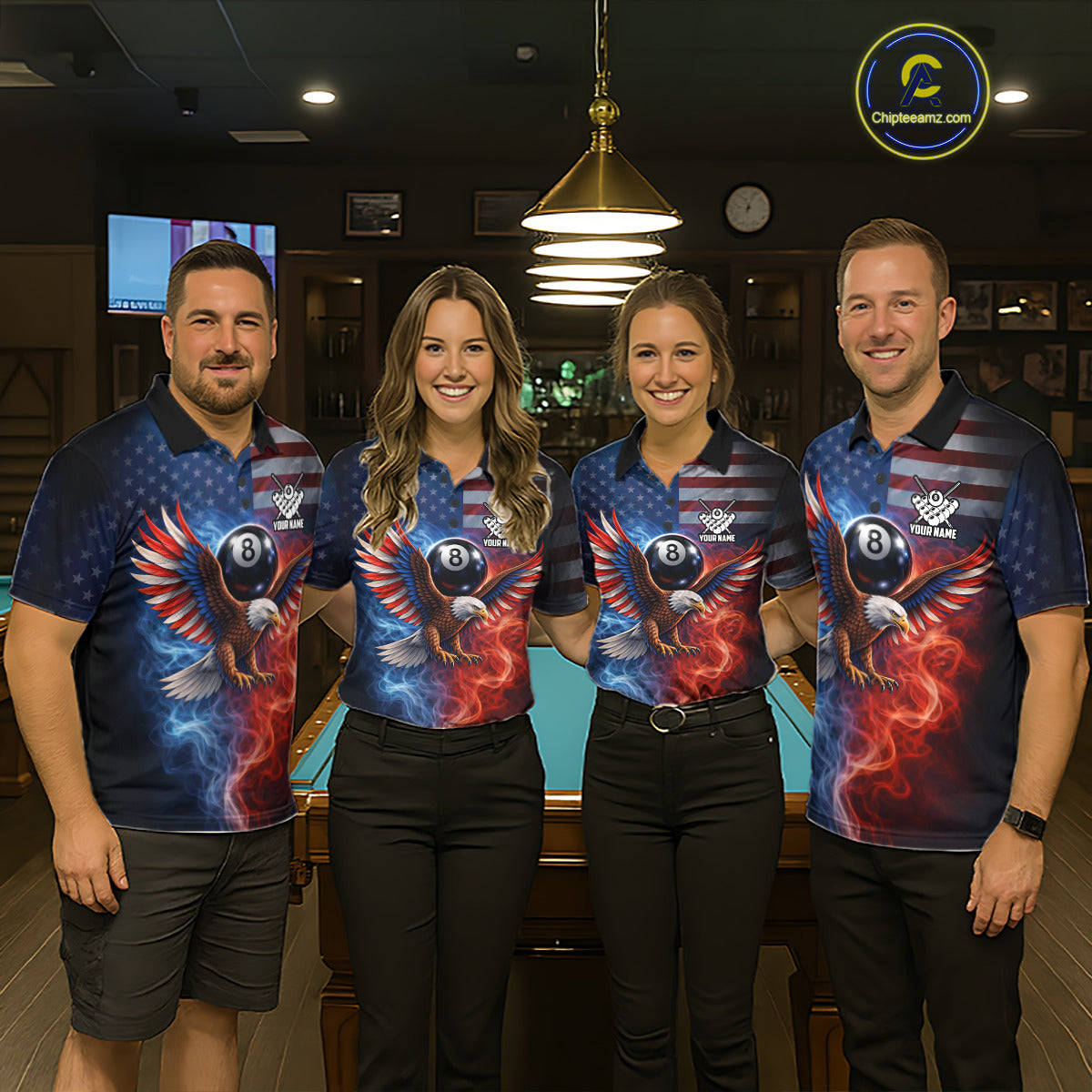 Blue & Red Flames Eagle 8 Ball 9 Ball Pool Billiard Shirt For Men Custom US Flag Billiard Jersey NYN3050