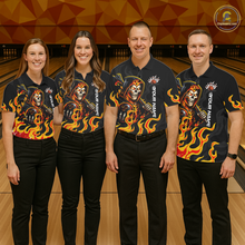 Load image into Gallery viewer, Custom Orange Flame Skull Bowling Shirt for Men Bowling Jersey League Bowling Gifts QZT842