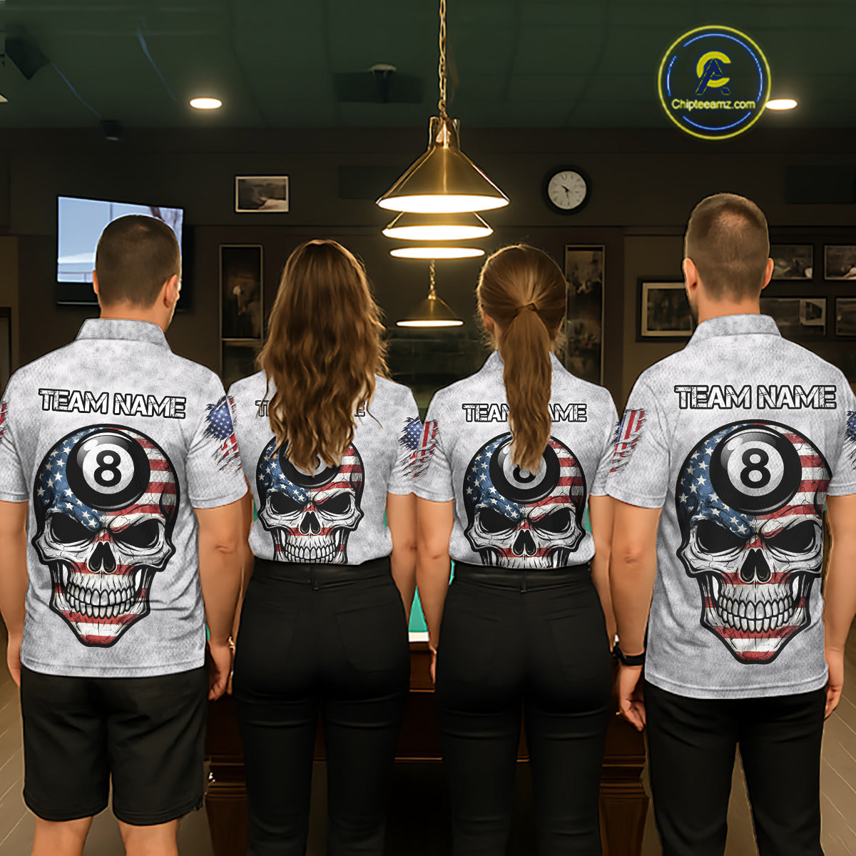 Personalized White Grunge American Flag Skull Pool 8 Ball Men's Billiard Team Shirt Billiard Attire NYN2671
