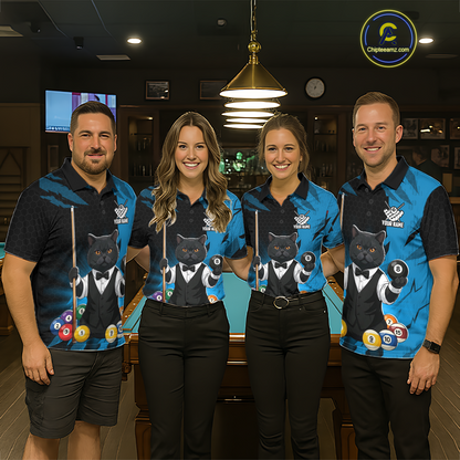 Custom Black Cat 8 Ball Pool Shirts Blue Billiard Shirt for Men Billiard Team Jersey Billiard Gift NNT181