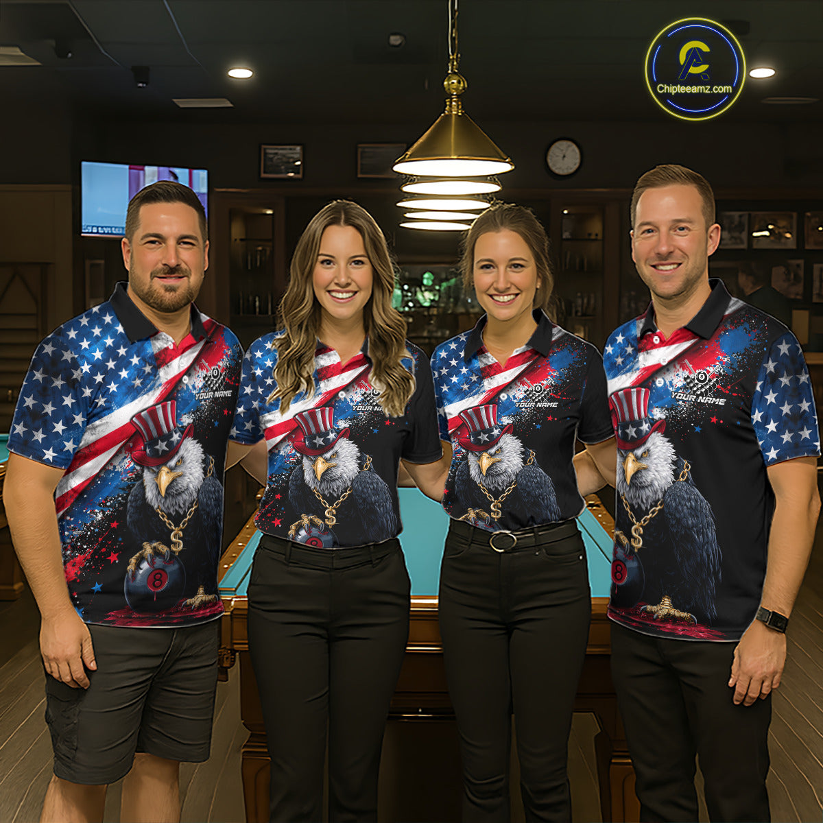 Custom American Flag Splatter Eagle 8 Ball Pool Billiard Shirts For Women Patriotic Billiard Team Jersey NYN2778