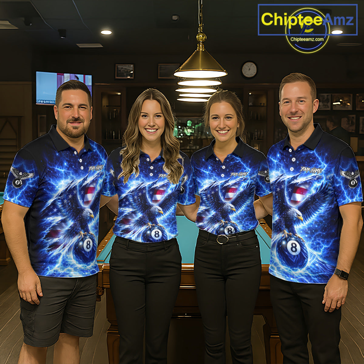 Torn US Flag Thunder Eagle Pool 8 Ball Women Billiard Shirt Custom Patriotic Billiard Apparel|Blue NYN2638