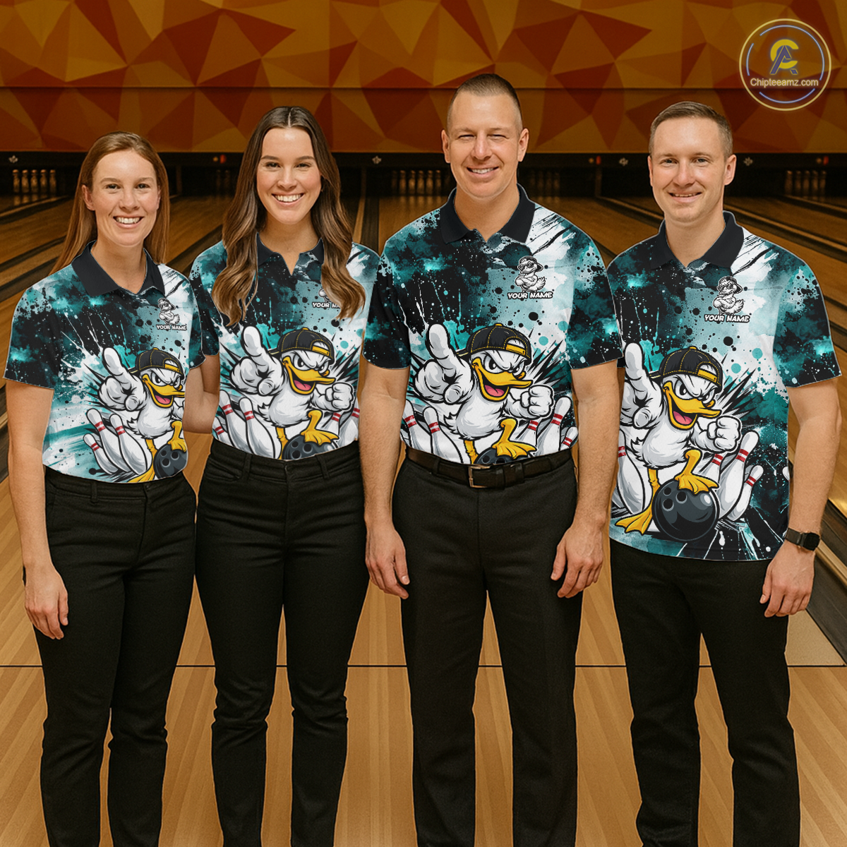 Custom Teal Funny Duck Bowling Jersey for Men Bowling Uniform Polo & 1/4 Zip Bowling Team Shirts HNT237