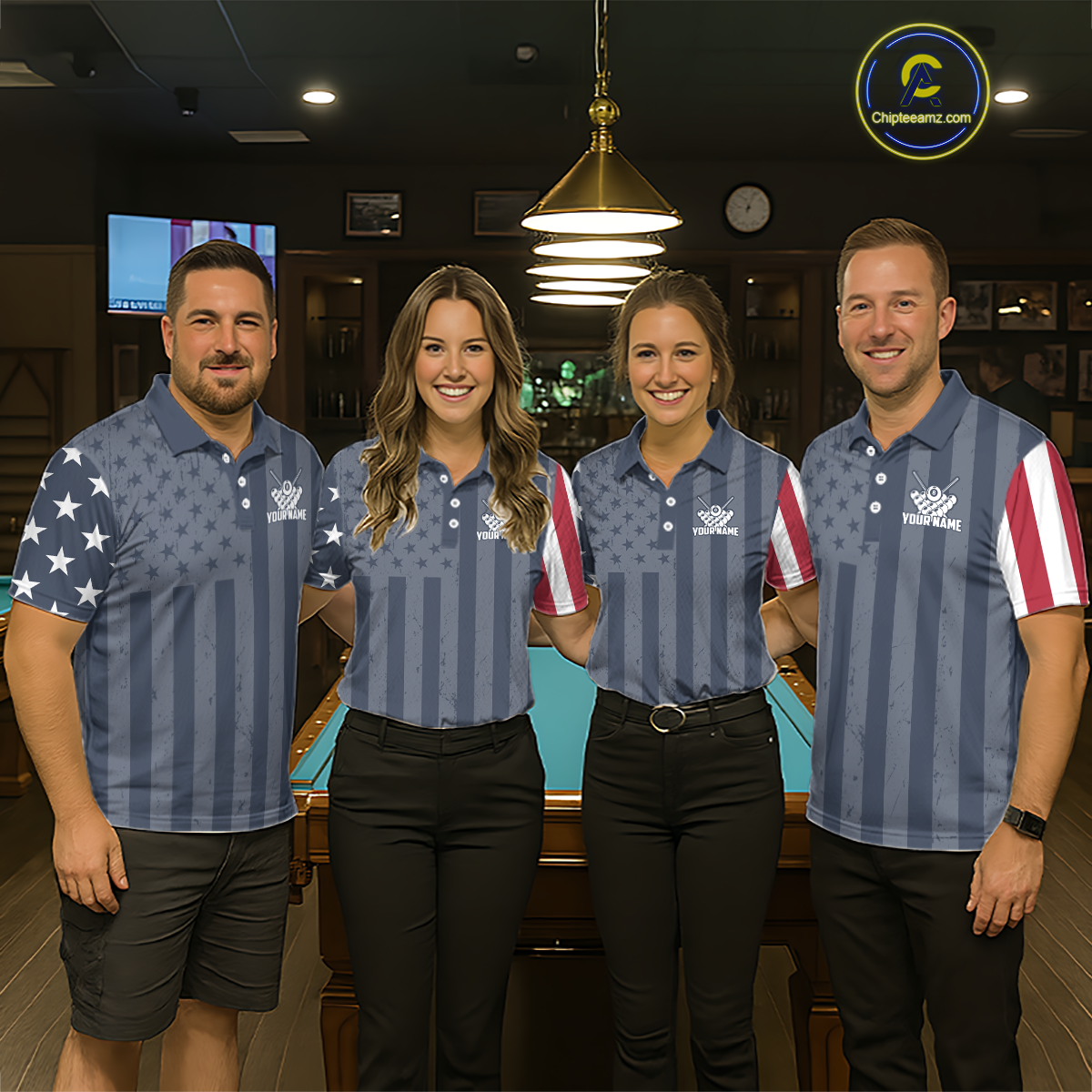 Custom American Flag Billiard Team Shirts for Women Patriotic Billiard Jersey Polo & 1/4 Zip Pool Shirt BHT24