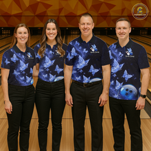 Load image into Gallery viewer, Custom Blue Galaxy Butterflies Bowling Shirt for Women Butterfly Bowling Team Jersey Bowling League HNT277