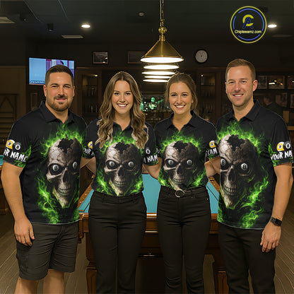 Green Flaming Cracked Skull 8 Ball & 9 Ball Pool Billiard Shirt For Women Custom Billiard Apparel NYN2635