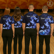 Load image into Gallery viewer, Custom Blue Galaxy Butterflies Bowling Shirt for Women Butterfly Bowling Team Jersey Bowling League HNT277