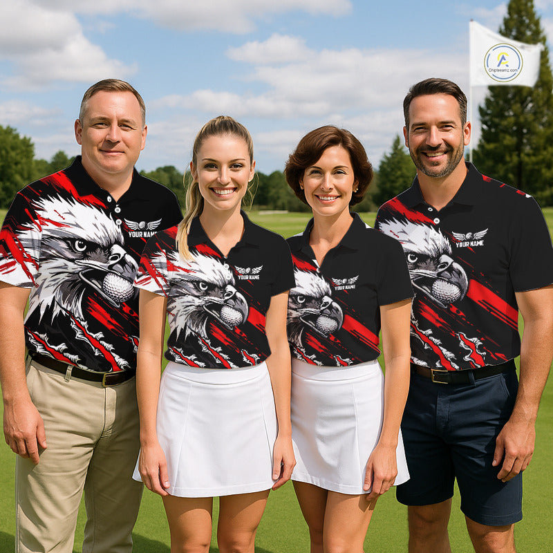 Mens Golf Polo Shirts Custom Red And Black Grunge Pattern Eagle Golf Shirts For Men, Golf Apparel NHN0062