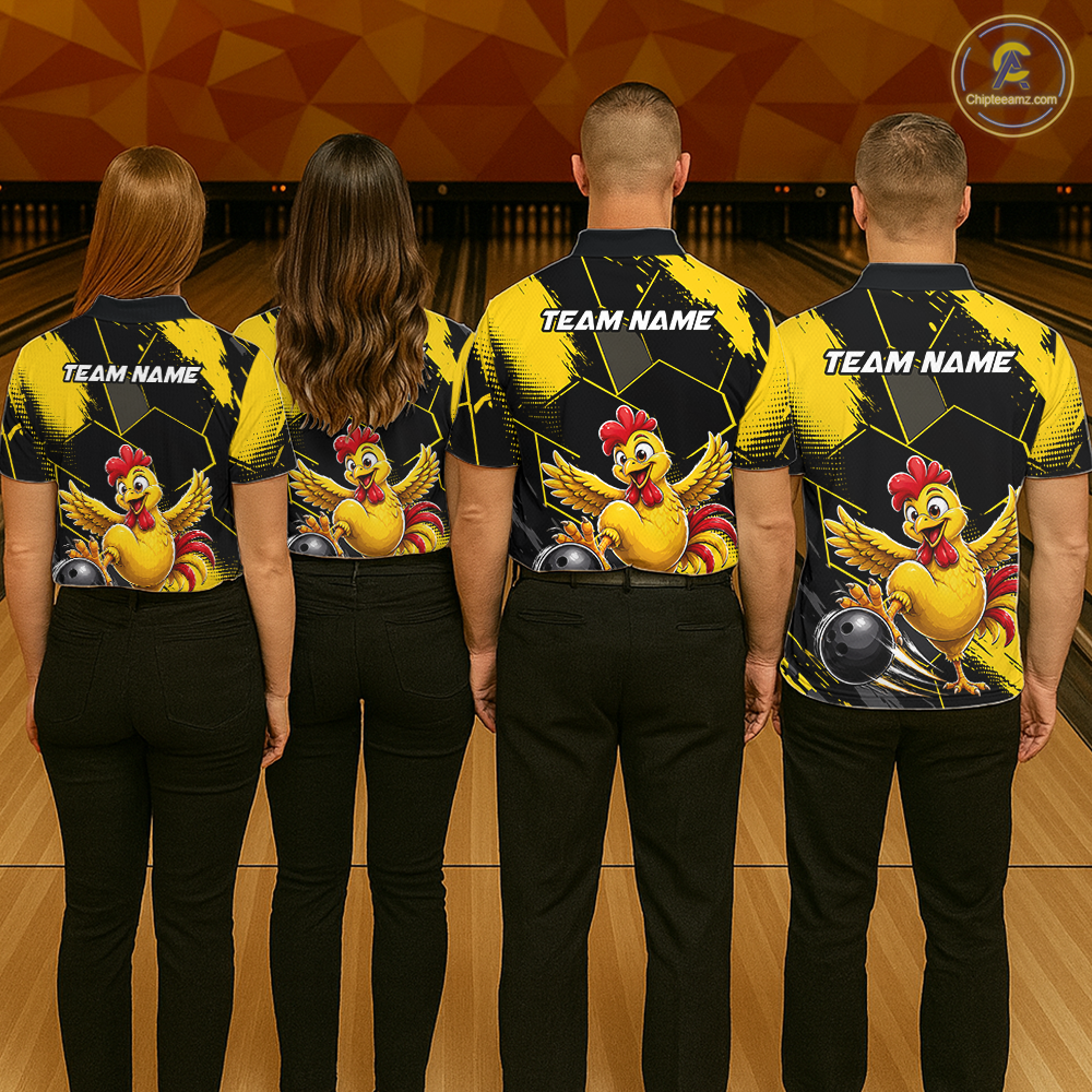 Custom Black & Yellow Funny Chicken Bowling Shirt for Men Bowling Team Jersey Polo & Quarter-Zip QZT1010