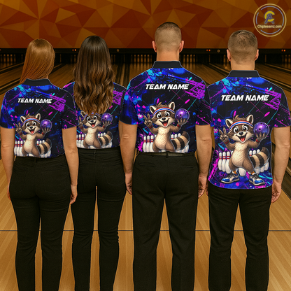 Custom Neon Funny Raccoon Bowling Team Jersey for Women Bowling Shirt Bowling Tournament Polo & 1/4-Zip QZT957