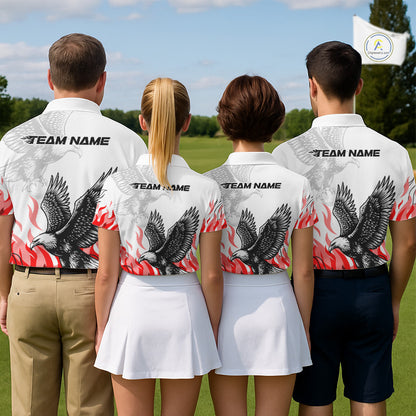 Mens Golf Polo Shirt Custom Eagle Red Flame Team Golf Tops, White Golf Outfit For Men NHN0070