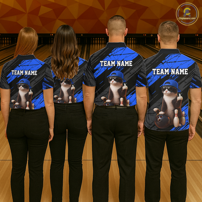 Custom Funny Cat Blue Bowling Jersey for Women Bowling Polo & 1/4 Zip Bowling Team Shirts HNT198