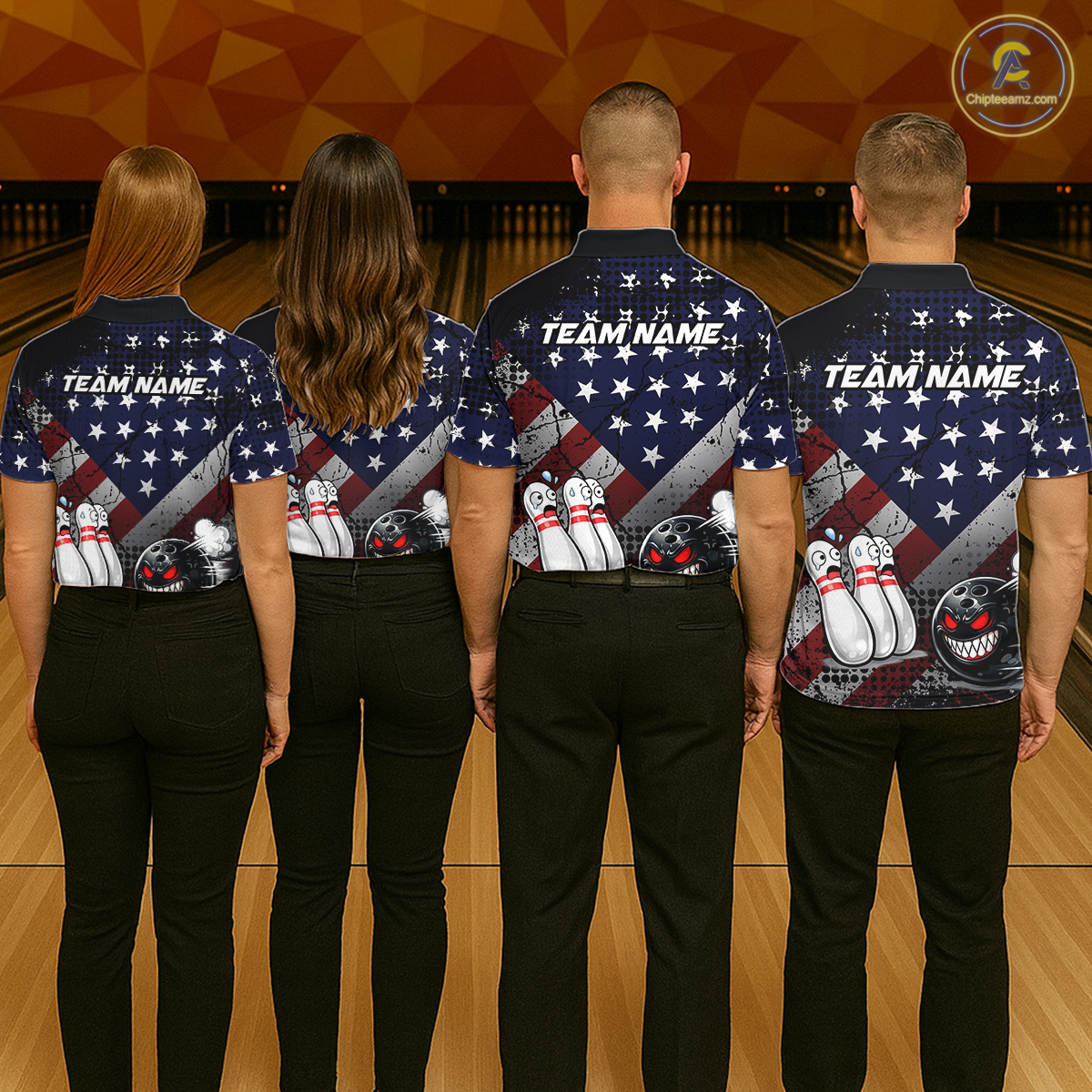 Custom American Flag Funny Bowling Team Shirt for Women Polo & Quarter-Zip Bowling Jersey Blue Red White QZT928