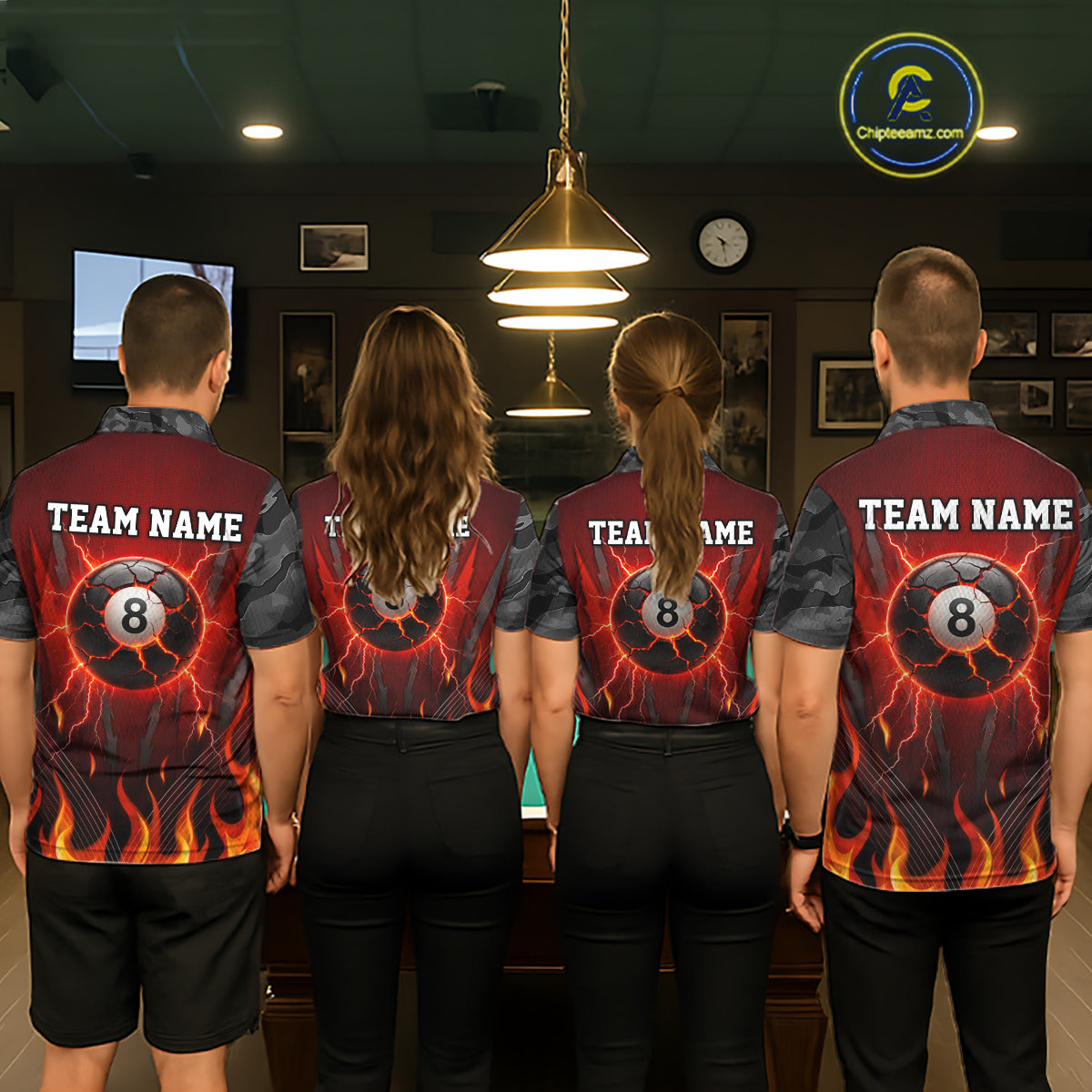 Personalized 8 Ball Red Flames Pool Billiard Polo & 1/4 Zip For Women Custom Camo Billiard Team Jerseys NYN3011