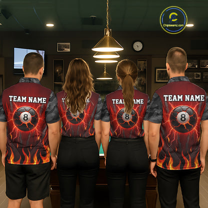 Personalized 8 Ball Red Flames Pool Billiard Polo & 1/4 Zip For Women Custom Camo Billiard Team Jerseys NYN3011