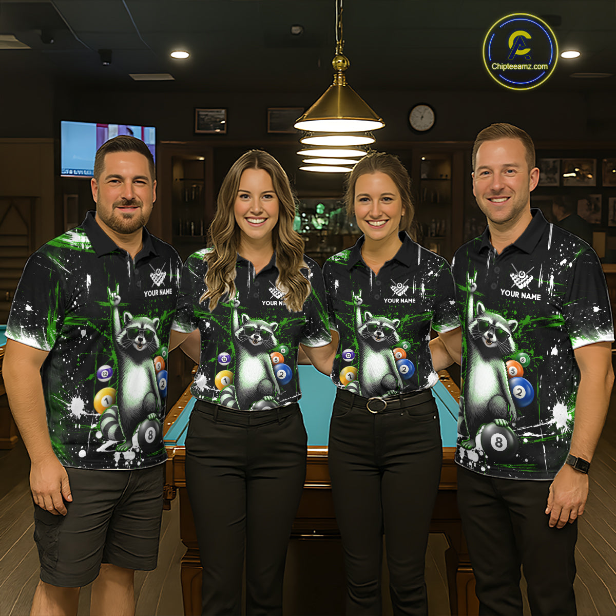 Custom Green Funny Raccoon Billiard Shirt for Men 8 Ball Pool Billiard Jersey Polo & 1/4-Zip BHT5