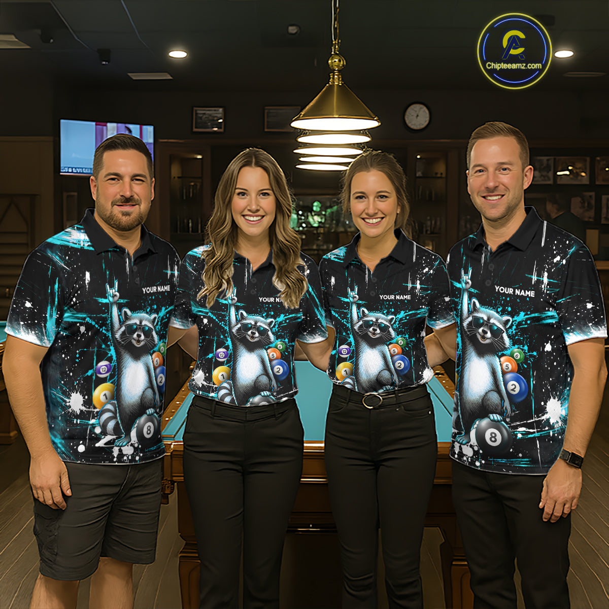 Custom Turquoise Funny Raccoon Billiard Shirt for Women 8 Ball Pool Billiard Jersey Polo & 1/4-Zip BHT5
