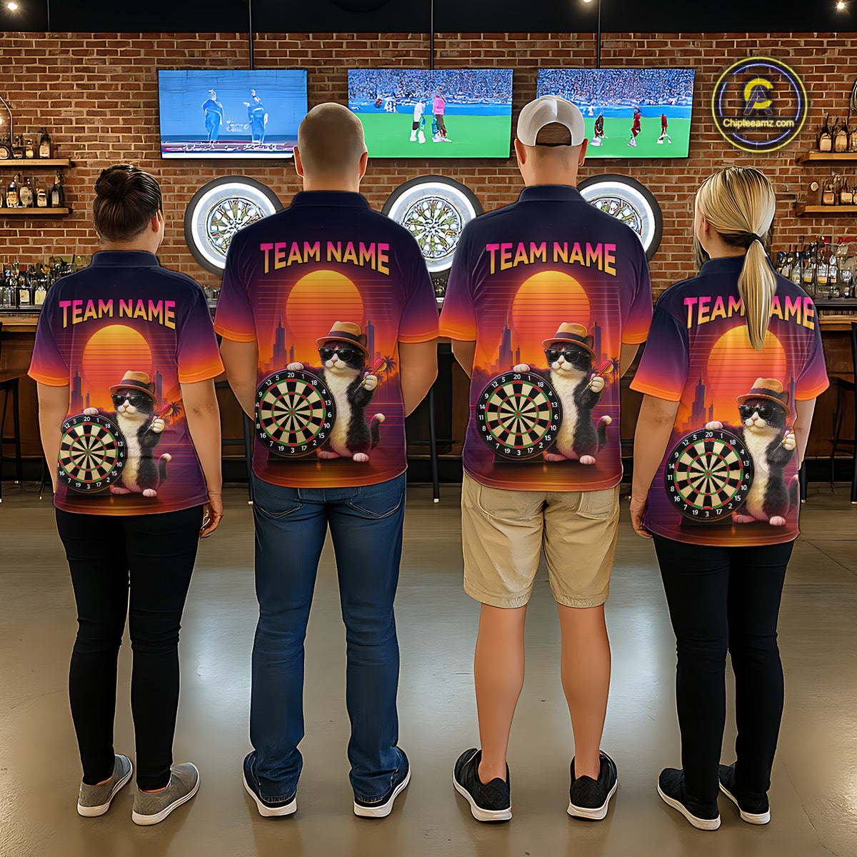 Funny Cat Retro Dart Shirts For Men Custom Dart Board Shirts Polo & 1/4 Zip Dart Jersey Team NNT124