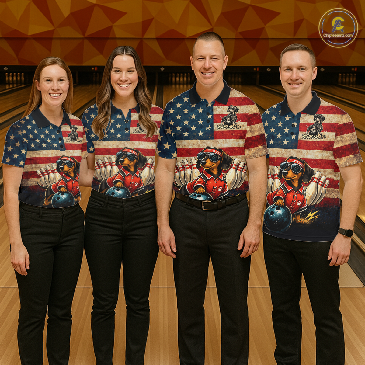 Custom American Flag Retro Dachshund Bowling Shirt Bowling Team Jersey for Men Polo & Quarter-Zip QZT942