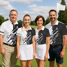 Load image into Gallery viewer, Funny Skull Golf Polo Shirts Black And White Golf Clubs Camo Pattern Custom Skull Playing Golf Apparel NHN0047