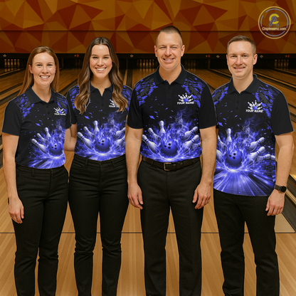 Custom Blue Flame Bowling Team Shirt for Men Polo & 1/4-Zip Bowling Jersey Bowling League Uniform QZT866