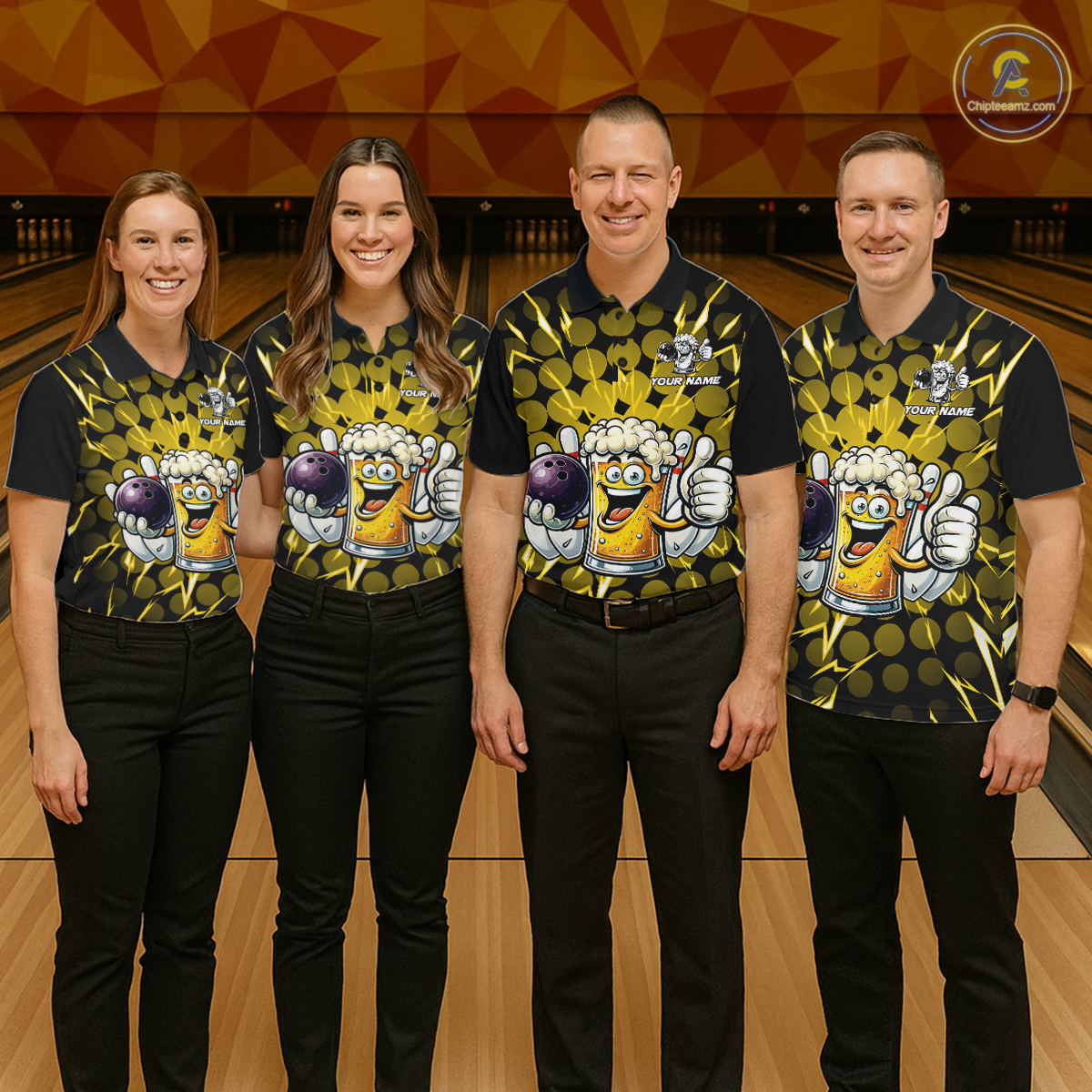 Custom Yellow Funny Beer Bowling Jersey for Women Bowling Team Shirts Polo & 1/4 Zip HNT187