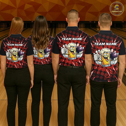 Custom Red Funny Beer Bowling Jersey for Men Bowling Team Shirts Polo & 1/4 Zip HNT187