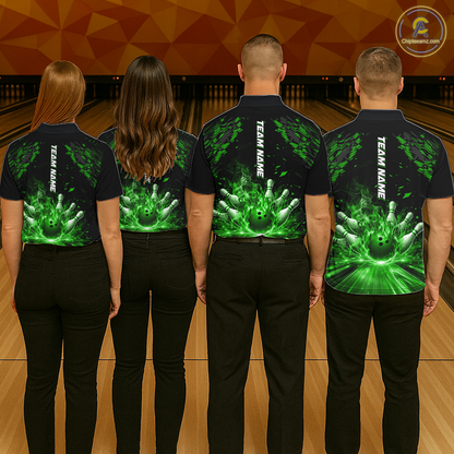 Custom Green Flame Bowling Team Shirt for Women Polo & 1/4-Zip Bowling Jersey Bowling League Uniform QZT866