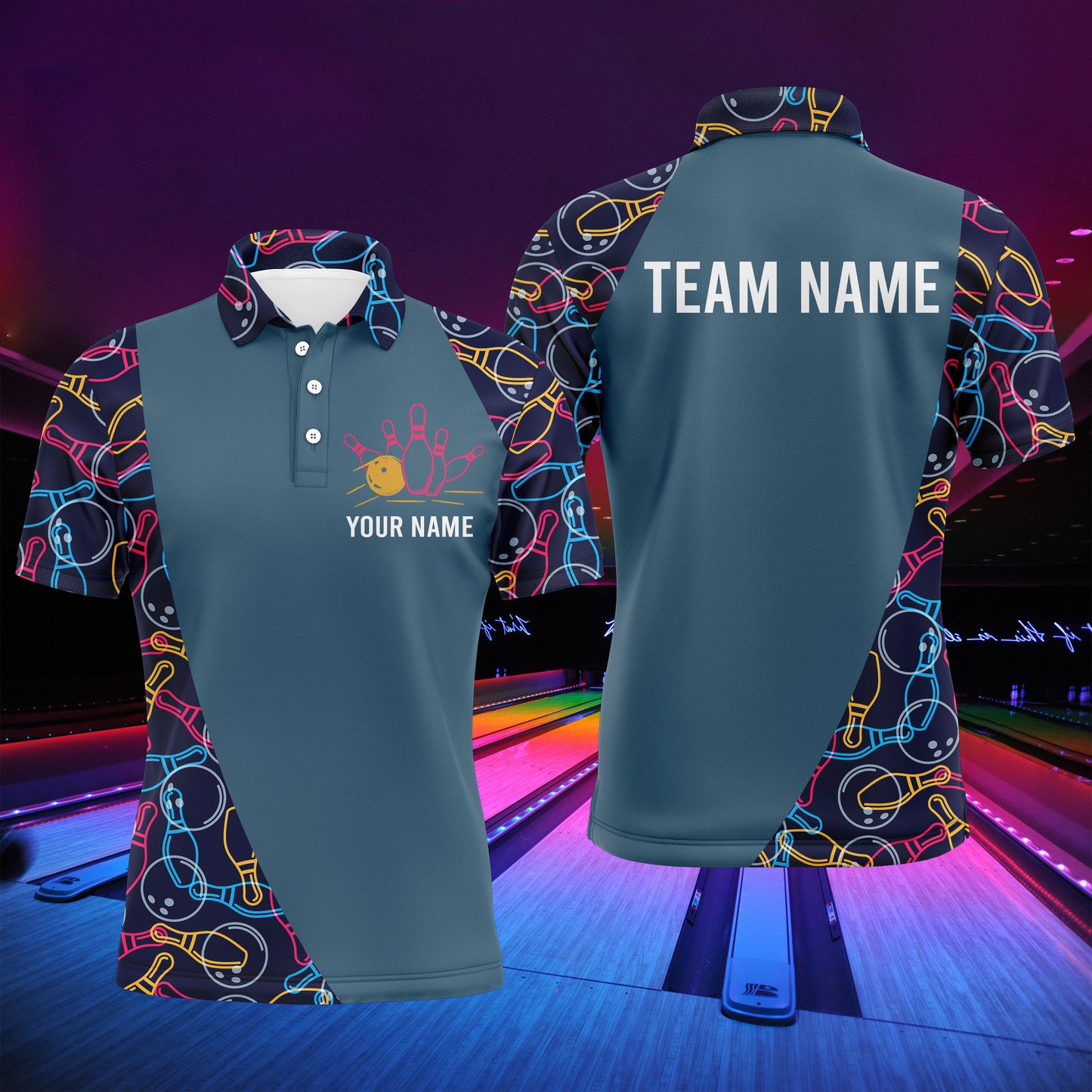 Personalized Men Polo Bowling Shirt, Bowling Balls Pins Pattern Bowlers Team Jersey NBP25