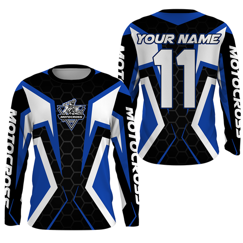 Blue white customizable Motocross jersey MX off-road UPF30+ shirt biker racing motorcycle PDT41