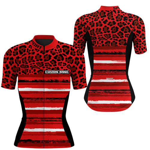 Red leopard cycling jersey Women short sleeve bike clothing Full zipper biking tops with 3 pockets| SLC197