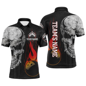 Men's Skull Flame Polo Bowling Shirt, Custom Name Team Bowlers Jersey NBP98