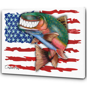 Rainbow Trout fly fishing with American flag ChipteeAmz's art Matte Canvas AT024