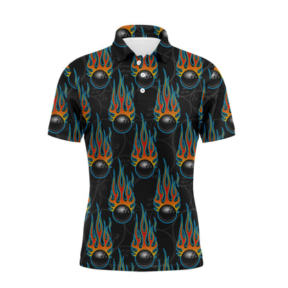 Flame Polo Bowling Shirt, Personalized Men Short Sleeves Bowlers Jersey Custom Team Name NBP40
