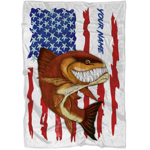 Redfish fishing American flag funny Red drum ChipteeAmz's art custom name fishing fleece blanket AT053