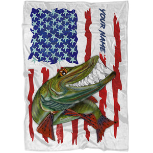 Muskellunge fishing American flag funny Musky ChipteeAmz's art custom name fishing fleece blanket AT052