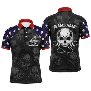 Skull Polo Bowling Shirt for Men, Patriotic Custom Name Team Bowlers Jersey Short Sleeve NBP100