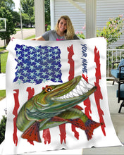 Load image into Gallery viewer, Muskellunge fishing American flag funny Musky ChipteeAmz&#39;s art custom name fishing fleece blanket AT052