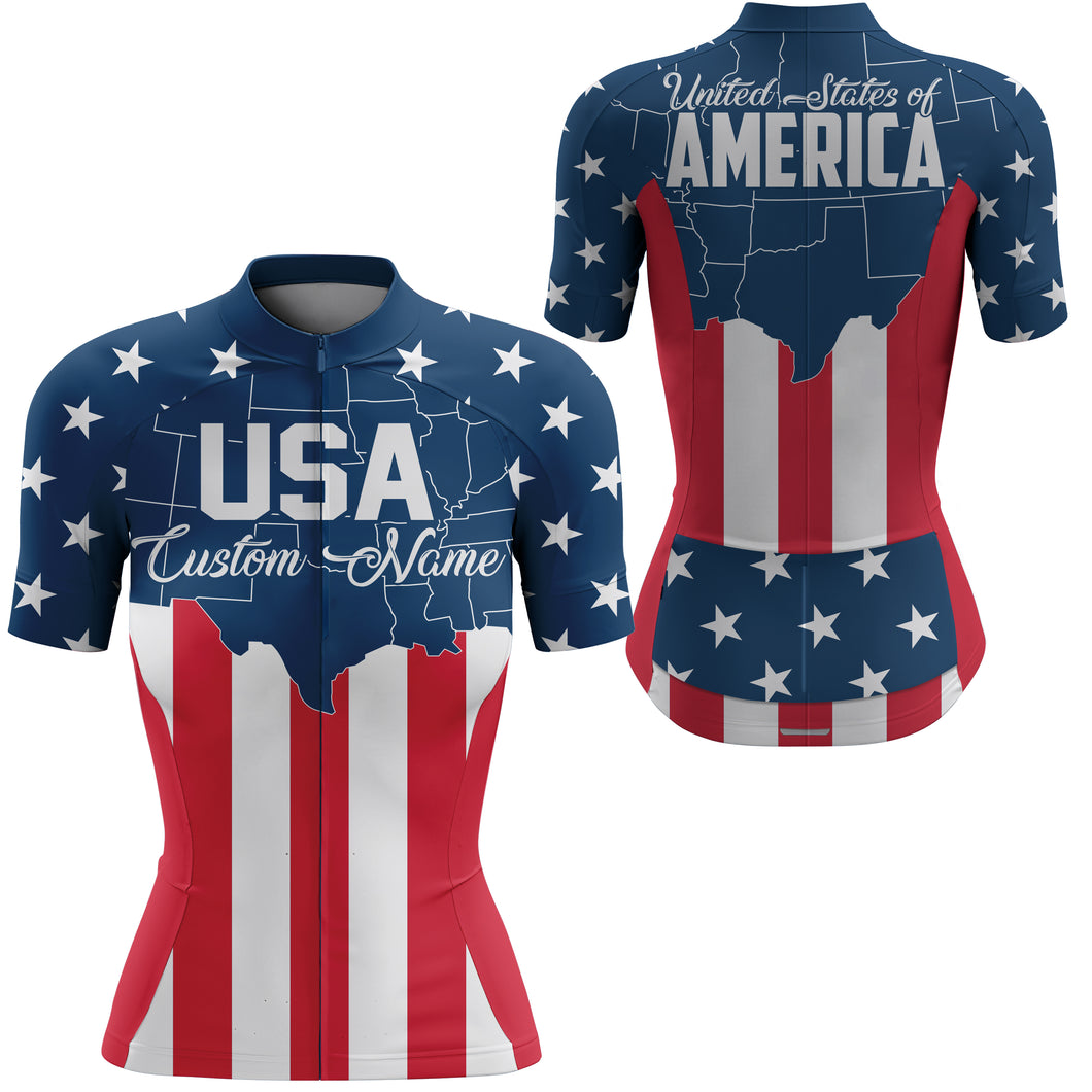 USA womens cycling jersey UPF50+ American flag cycle gear with 3 pockets full zip MTB BMX racewear| SLC146