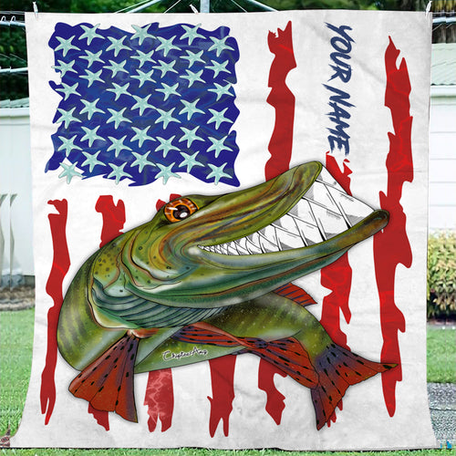 Muskellunge fishing American flag funny Musky ChipteeAmz's art custom name fishing fleece blanket AT052