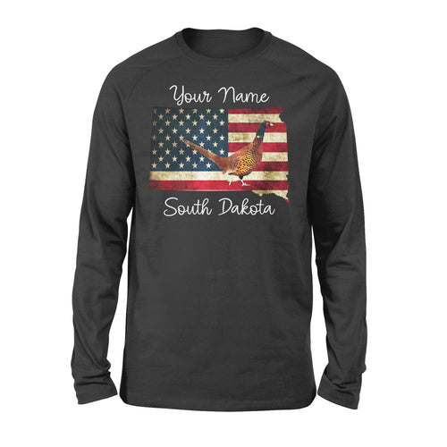 Pheasant hunting shirt South Dakota American Flag bird hunter custom name Long sleeve - FSD1162