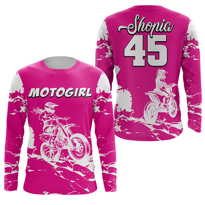 MotoGirl Personalized Jersey UPF30+ Pink Dirt Bike Racing Motocross Off-road Long Sleeves NMS1179