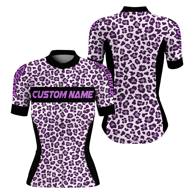 Purple leopard cycling jersey Women short sleeve biking tops Full zip bike clothing with 3 pockets| SLC196