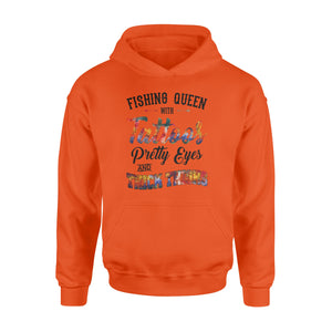Beautiful Fishing queen Hoodie shirt design - "Fishing queen with tattoos, pretty eyes and thick thighs" - great birthday, Christmas gift ideas for fisherwomen - SPH47