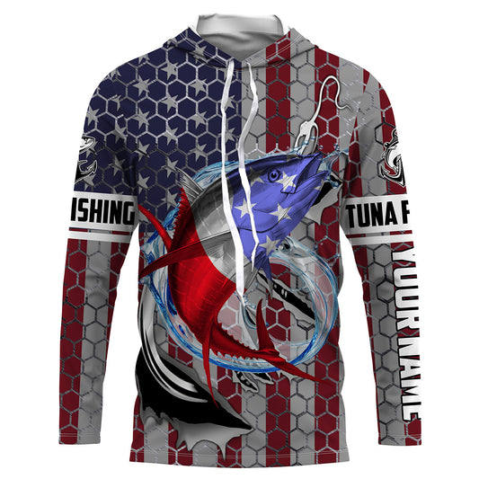 Personalized Tuna Fishing Fish Hook Vintage American Flag Saltwater Fishing UV Protection Fishing Shirts HVFS057