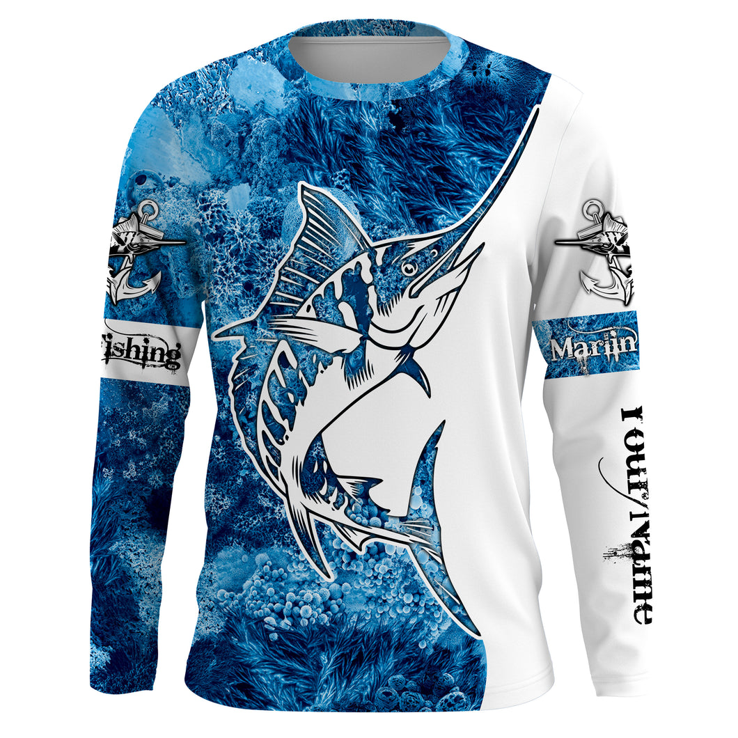 Marlin Fishing Sea Camo 3D UV customize name long sleeves shirt personalized gift for Fishing Lovers TTN38