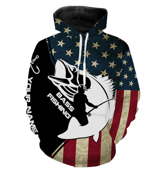 Bass American Flag Custom Name Funny Fishing Shirts UV Protection ChipteeAmz Apparel