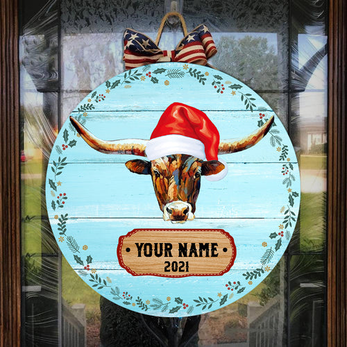 Texas Longhorn Christmas door hanger, personalized wood hanging, wooden home signs TAWD1