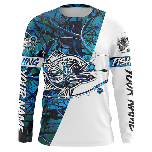 Crappie Fishing teal blue camo Custom Long Sleeve Fishing Shirts, Crappie Fishing tournament shirts - IPHW1092